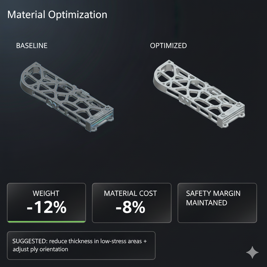 Material optimization view comparing baseline and optimized aerospace design