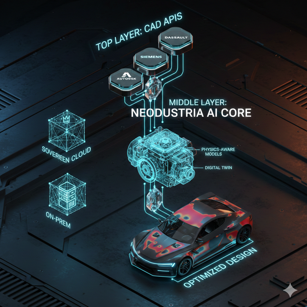 Deployment architecture: CAD APIs to Neodustria AI Core to optimized design