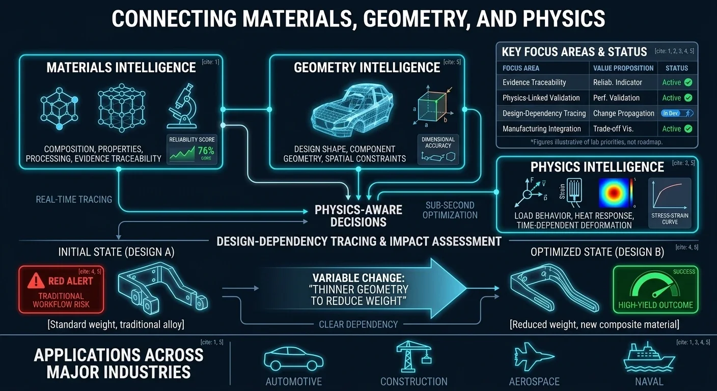 Diagram connecting Materials Intelligence, Geometry Intelligence, and Physics Intelligence into physics-aware decisions, tracing design-dependency impact across automotive, construction, aerospace, and naval applications