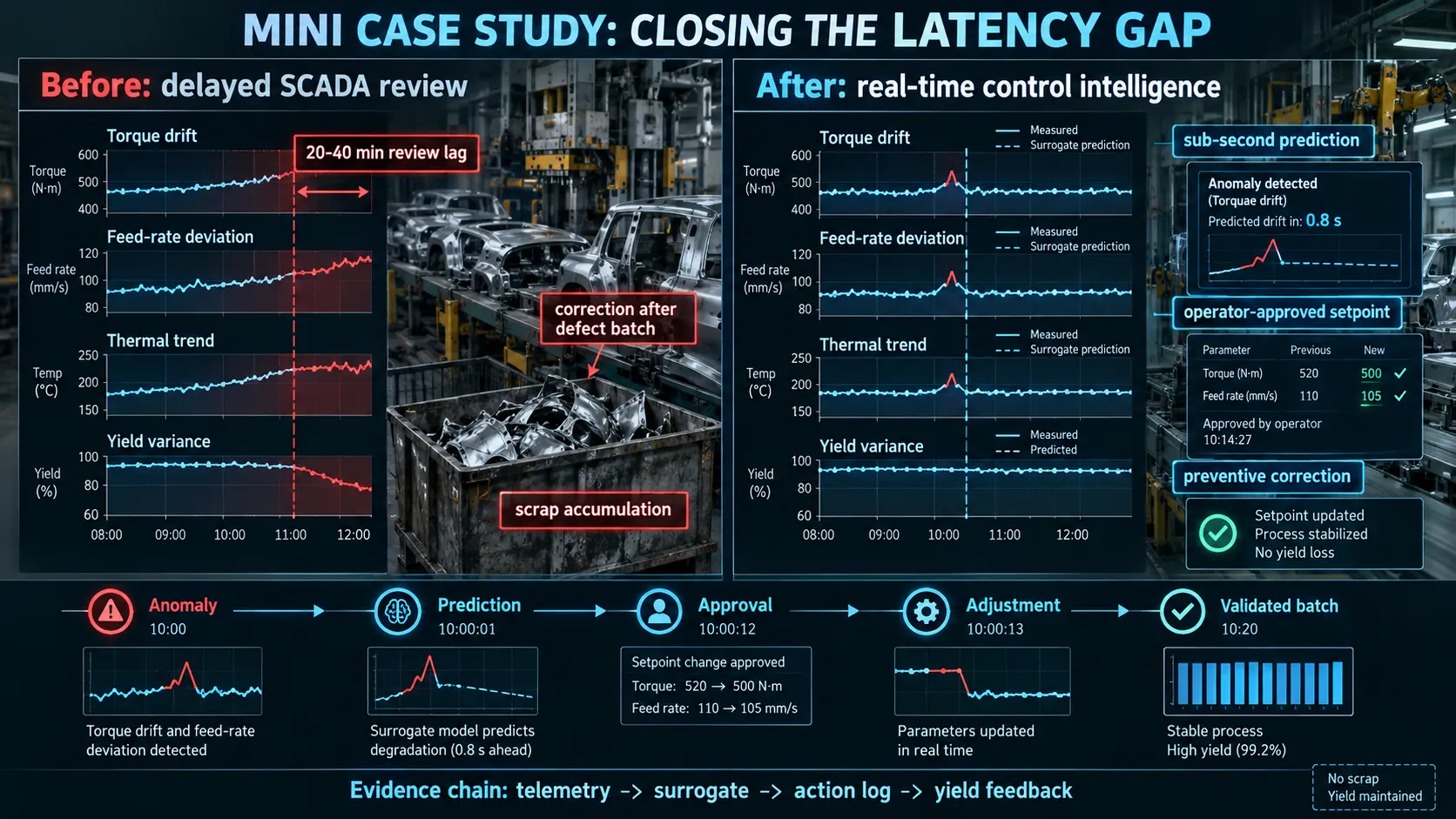 Before and after comparison of a stamping line's SCADA review process: scrap accumulation under a 20-40 minute review lag versus a stable, high-yield process with sub-second real-time control intelligence