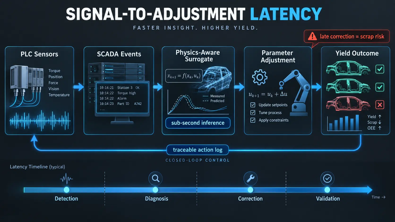 Signal-to-adjustment latency diagram showing PLC sensors, SCADA events, physics-aware surrogate prediction, parameter adjustment, and yield outcome inside a closed control loop